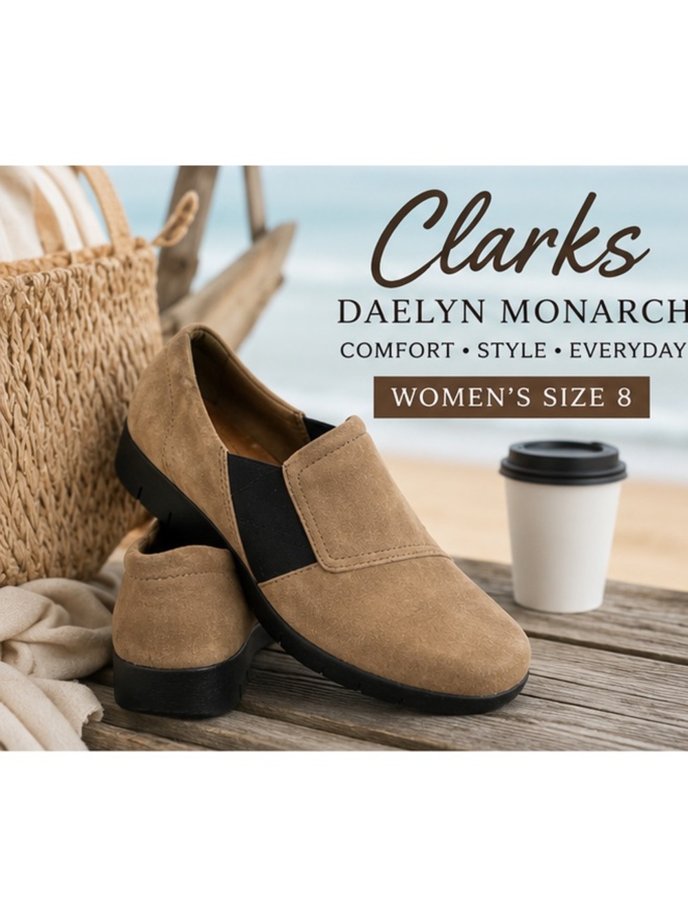 Clarks Daelyn Monarch Tan Suede Slip On Comfort Shoes Women’s Size 8 Cushion